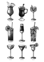 Wall Mural - Hand-sketched cocktail illustrations set. Vector sketch of alcoholic drinks in elegant glasses. Popular alcohol cocktails vintage hand-drawing. Perfect for bar or restaurant menu isolated on white