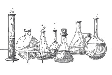 Sketch of objects of a chemical laboratory. Glassware for a chemical experiment. Vector pharmaceutical flasks, beakers and test tubes.