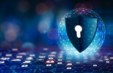 vector blue shield business concept of data protection blue shield blue background