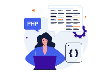 Poster - Programmer working modern flat concept for web banner design. Woman developer analyzes and optimizes code on screen, engineering, working at laptop. Vector illustration with isolated people scene