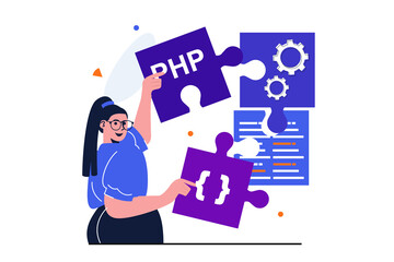 Poster - Programmer working modern flat concept for web banner design. Woman developer generates ideas and finds creative solutions, assembles project puzzles. Vector illustration with isolated people scene