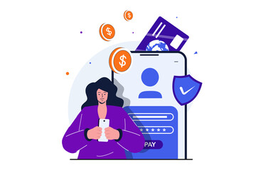 Fototapete - Secure payment modern flat concept for web banner design. Woman logs into online banking account using password and manages her credit card in app. Vector illustration with isolated people scene