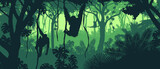 Beautiful vector landscape of a rainforest jungle with orangutan monkeys and lush foliage in green colors.