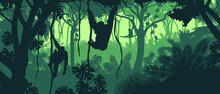 Beautiful Vector Landscape Of A Rainforest Jungle With Orangutan Monkeys And Lush Foliage In Green Colors.