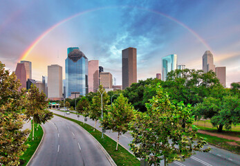 Wall Mural - Rainbow over Houston skyline downtown, USA - Texas