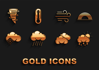 Sticker - Set Cloud with rain, Rainbow clouds, and sun, snow, Wind, Tornado and Thermometer icon. Vector