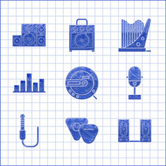 Poster - Set Music CD player, Guitar pick, Stereo speaker, Microphone, Audio jack, equalizer, Harp and icon. Vector