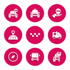 Sticker - Set Taxi car roof, Bus, Car rental, Ambulance and emergency, Compass, Location on the globe, Hand map pointer with taxi and icon. Vector