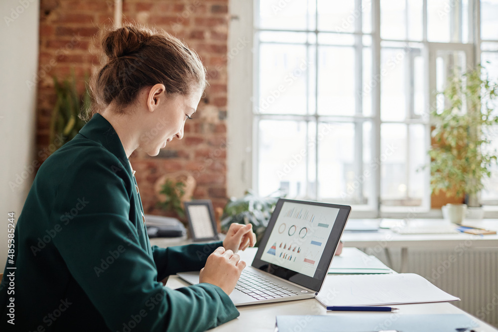 Young contemporary female accountant looking at financial data on ...