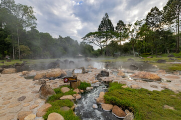 Chae Son Hot Spring National Park, famous spot location in Lampang, Northern of Thailand (White sign: Temp 75 Degree. Boil egg for 15 minutes, York will be ripped and albumen will be rare).