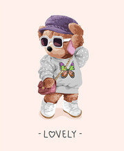 Lovely Slogan With Bear Doll In Butterfly Dress And Sunglasses Vector Illustration