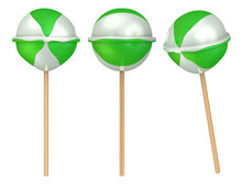 White And Green Delicious Lollipop. Set Of The View Of White And Green Lollipop Against White Background. 3D Illustration