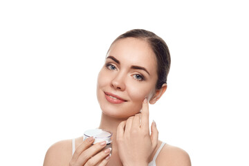 Wall Mural - Beauty Concept. Woman holds a moisturizer  cream, face  skin. Body care, skincare.