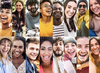 Composition with smiling people - Collage with multiethnic young faces laughing at camera -