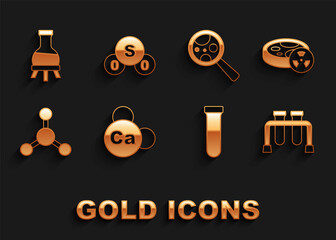 Set Mineral Ca Calcium, Test tube with toxic liquid, Molecule, Microorganisms under magnifier, and Sulfur dioxide SO2 icon. Vector