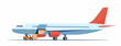 Cargo plane, side view. Cargo Transportation by Plane. Loading Luggage Compartment Aircraft. Loader preparing to load the boxes into the luggage compartment of the aircraft. Vector Illustration.