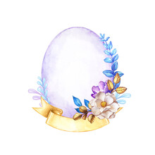 Watercolor Botanical Illustration, Floral Oval Frame, Easter Egg Shape, White Violet Flowers, Blue Gold Leaves, Fairy Tale Wreath, Blank Greeting Card Template, Space For Text, Yellow Ribbon