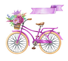 Watercolor Illustration, Bicycle, Hipster Bike, Blank Ribbon Tag, Purple Banner, Label, Wild Flowers, Holiday Clip Art Isolated On White Background