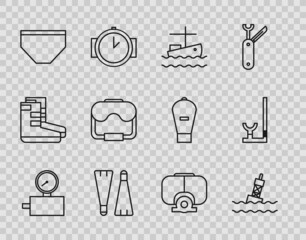 Sticker - Set line Gauge scale, Floating buoy on the sea, Fishing boat water, Rubber flippers for swimming, Swimming trunks, Diving mask, and Snorkel icon. Vector