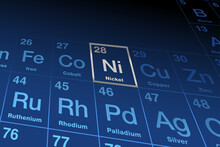 Element Nickel On The Periodic Table Of Elements. Ferromagnetic Transition Metal, With Element Symbol Ni, And Atomic Number 28. Used For Coinage, Stainless Steel, Magnets, And Rechargeable Batteries.