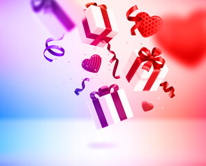 Aufkleber - Valentines day card with falling gift boxes, hearts, ribbons and confetti. 3d vector banner