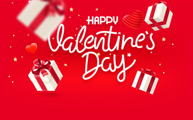 Aufkleber - Vivid studio with hearts, gift boxes, confetti and lettering inscription. Happy Valentines Day. Vector 3d illustration with copy space