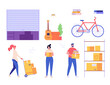 © Aleksandr - People keeping personal items and boxes in self-storage units. Characters and elements set. Collection of self storage unit, small mini warehouse, rental garage. Vector illustration in flat design