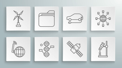 Sticker - Set line Social network, Document folder, DNA symbol, Satellite, Test tube flask on fire, Electric car, and Wind turbine icon. Vector