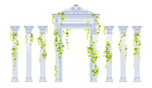 Greek Arch Pillar Vector Set With Ivy Plant. Roman Antique Architecture Frame With Stone Column, Vine. White Marble Door Portal And Green Ivy Plant. Classic Arch Pillar Palace Building Illustration