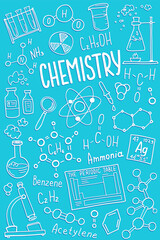 Wall Mural - Chemistry cover template. Science medical symbols icon set, subject doodle design. Education concept. Back to school sketchy background for notebook, not pad, sketchbook. Hand drawn illustration.