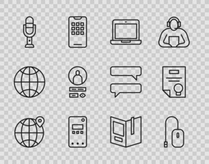 Sticker - Set line Location on the globe, Computer mouse, Laptop, Mobile phone, Microphone, Create account screen, Open book and Certificate template icon. Vector