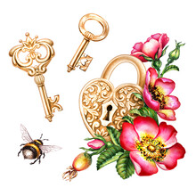 Watercolor Botanical Illustration, Gold Heart Lock And Keys, Red Dog Rose Flowers, Rosehip, Flying Bumblebee Valentine's Day Clip Art Isolated On White Background