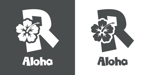 Poster - Logotipo texto Aloha con letra R en tipografía tiki con silueta de flor de hibisco en fondo gris y fondo blanco	