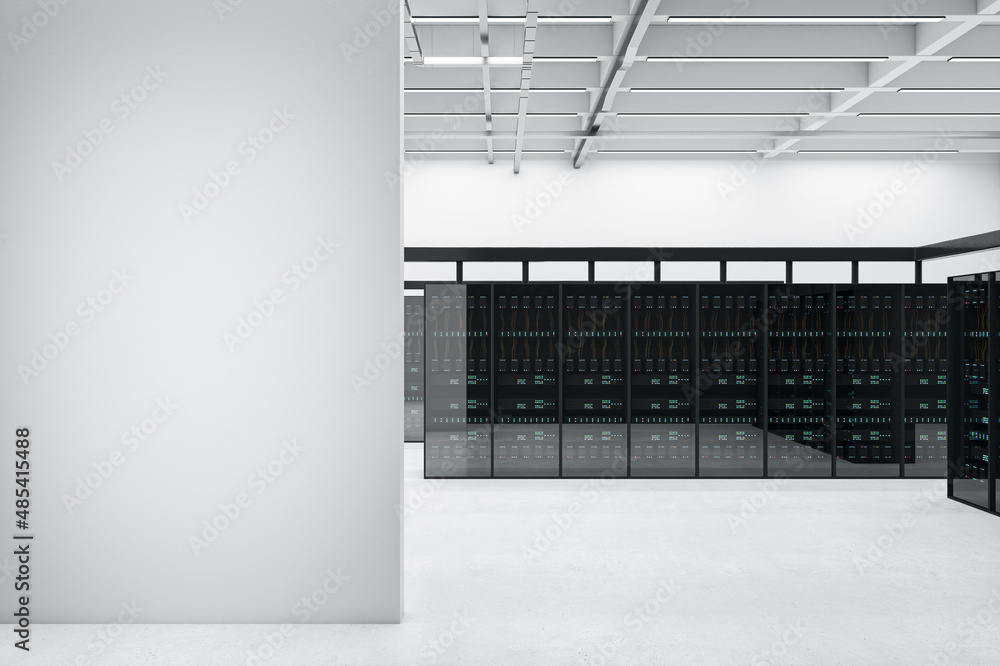Modern server room interior with mock up place on concrete wall ...