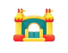 Inflatable Bouncy Castle For Kids Summer Games On Playground. Children's Trampoline Design. Vector Flat Illustration Isolated On White Background
