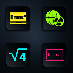 Sticker - Set Equation solution, Equation solution, Square root of 4 glyph and Planet earth and radiation. Black square button. Vector