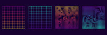 Set Of Distorted Grid Square Neon Pattern. Warp Futuristic Geometric Square Glitch. Abstract Modern Design. Wave Ripple Perspective Square. Isolated Vector Illustration