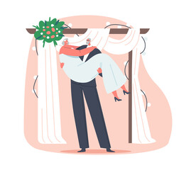 Wall Mural - Aged Groom Holding Bride on Hands under Floral Arch during Wedding Ceremony, Senior Newlywed Couple Characters