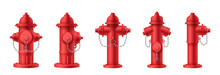 Realistic Fire Hydrant Set. Red Construction With Valves Street Pipes For Water Decent