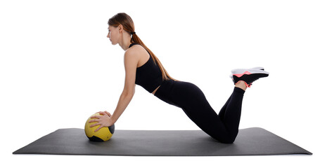 Wall Mural - Athletic woman doing exercise with medicine ball isolated on white