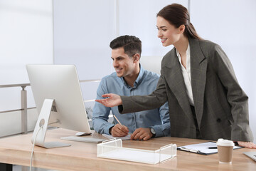 Wall Mural - Businesswoman helping intern with work in office