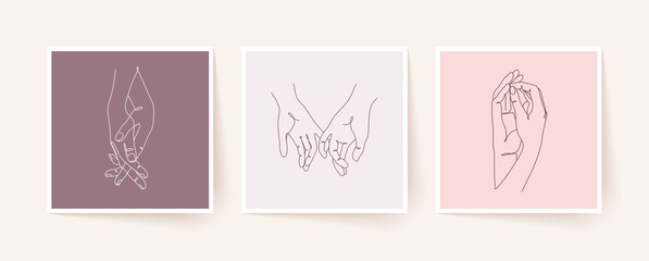 Wall Mural - set of one line holding hands. valentine's day vector illustration.
