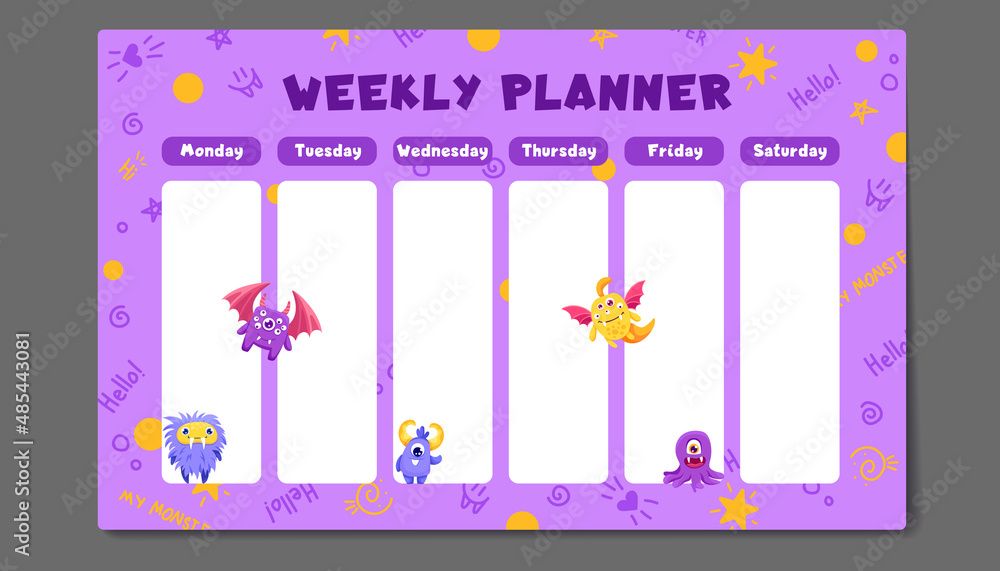 Weekly planner, back to school timetable template with cute funny and ...