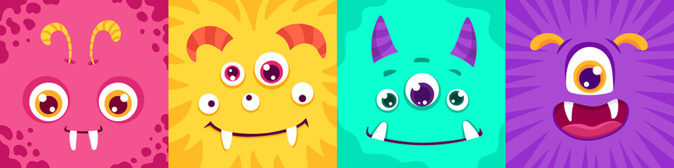 Wall Mural - Cartoon Square monster faces set. Funny cute and colorful creatures for avatars and icons. Children vector illustration