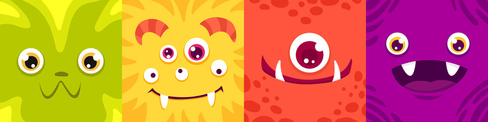 Wall Mural - Cartoon Square monster faces set. Funny cute and colorful creatures for avatars and icons. Children vector illustration