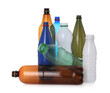 Many different plastic bottles on white background. Recycling rubbish