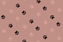 Colorful Pattern Of Cat Paws On Brown Background. Seamless Pattern With Cat Paw. Dog, Cat Footprint Background