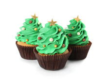 Tasty Christmas Tree Cupcakes On White Background