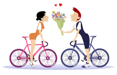 Wall Mural - Love couple rides bikes illustration.
Hurt symbols. Bunch of flowers.  Young man and woman with bikes isolated on white.
