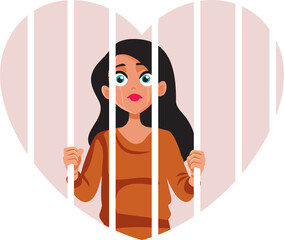 Unhappy Woman Prisoner of His Heart and Emotions Vector Concept Illustration